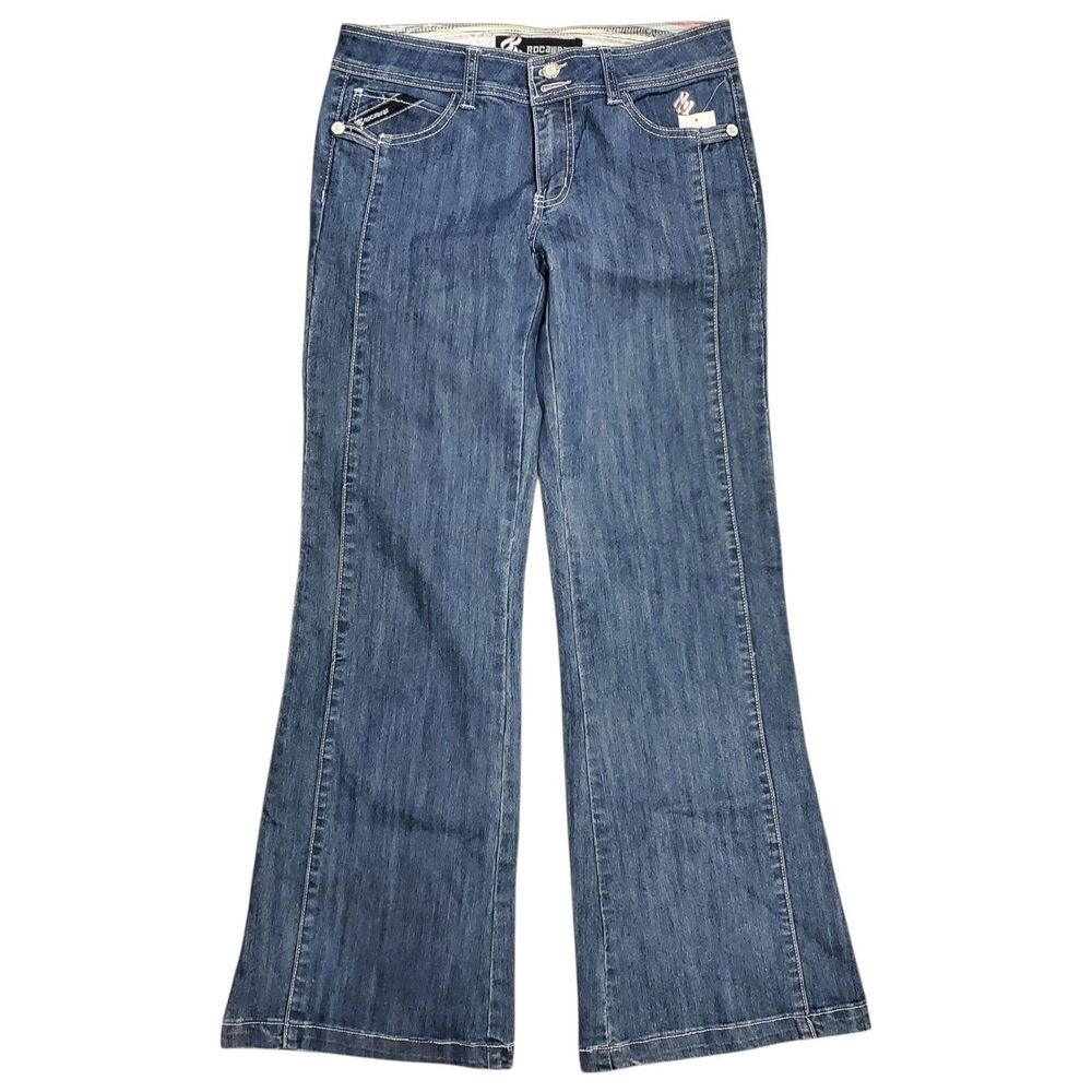 Vintage ROCAWEAR Jeans Womens 9 Blue Flare Bootcut Flat Front Hip Hop Y2K 90s